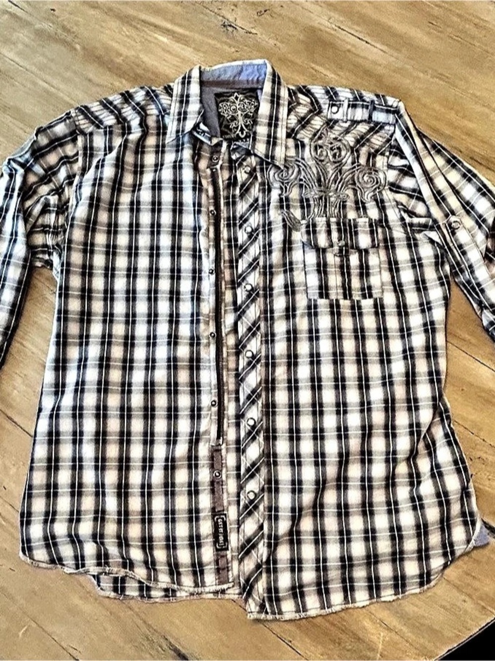 Roar Men's Plaid Button Down w full zip in Blue & White